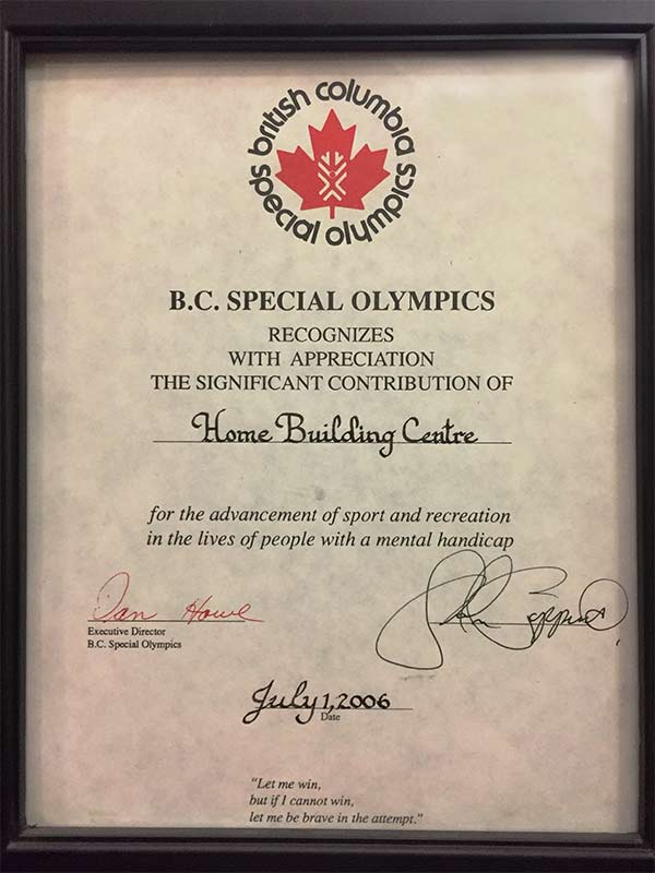 Special Olympic Contribution Certificate 2006